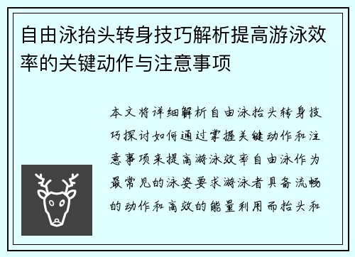 自由泳抬头转身技巧解析提高游泳效率的关键动作与注意事项